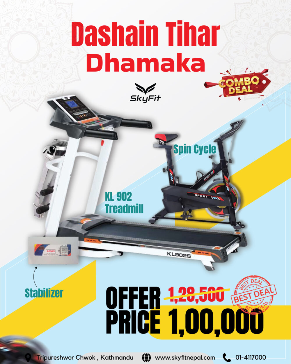 Dashain–Tihar Exclusive Fitness Combo Offer – Spin Bike + Treadmill + Stabilizer